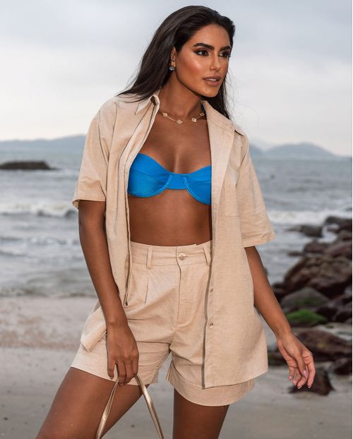 Shorts Linho Alfaitaria Feminino Cintura Alta 90511 Bege