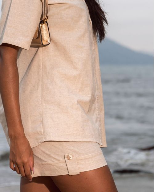 Shorts Linho Alfaitaria Feminino Cintura Alta 90511 Bege