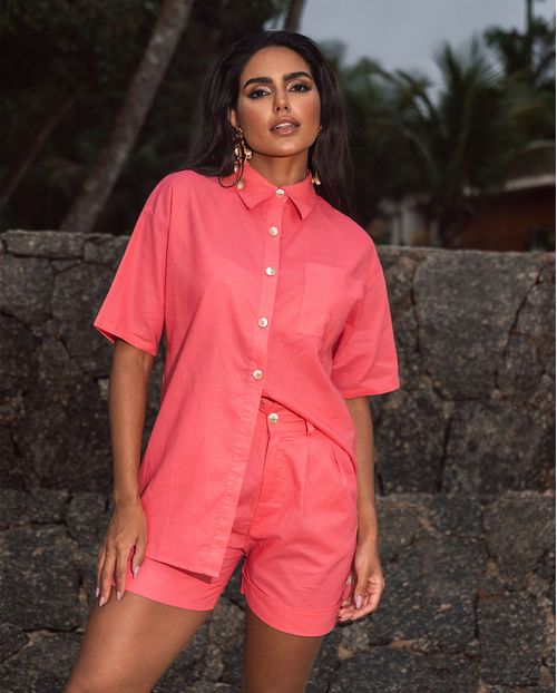 Camisa Linho  Feminina Bolsos Frontais 90510 Pink