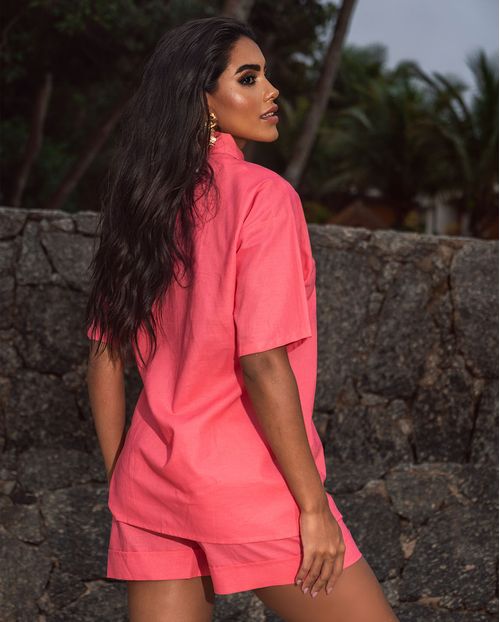 Camisa Linho  Feminina Bolsos Frontais 90510 Pink