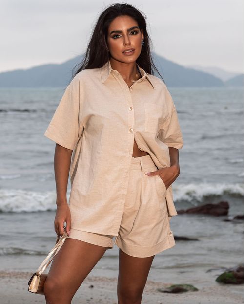 Camisa Linho  Feminina Bolsos Frontais 90510 Bege