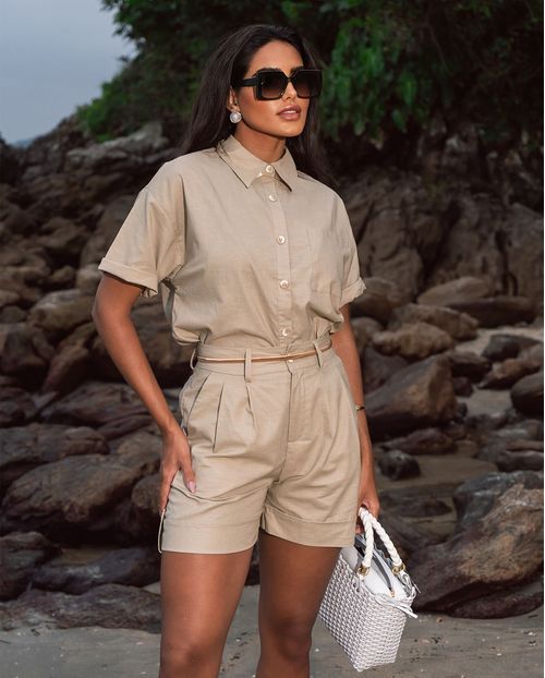 Camisa Linho  Feminina Bolsos Frontais 90510 Caqui
