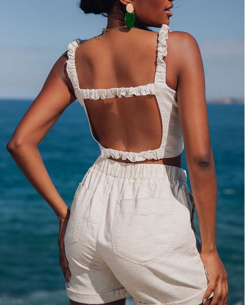 Shorts Linho Feminino Cintura Alta com Detalhe Botão 23306 Linho