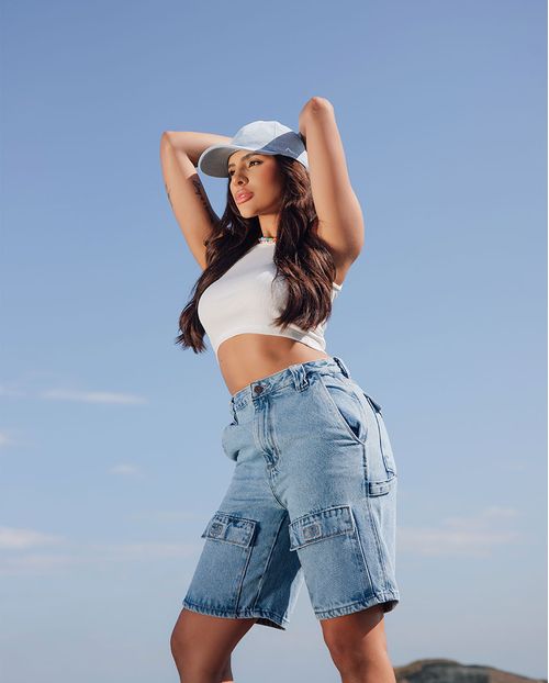 Bermuda Jeans Cargo Carpinteiro Feminina Cintura Média 23303 Média