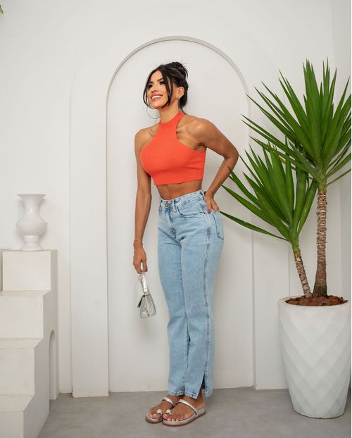 Calça Jeans Wide Loose  Feminina Cintura Alta Abertura Lateral Barra 23328 Clara