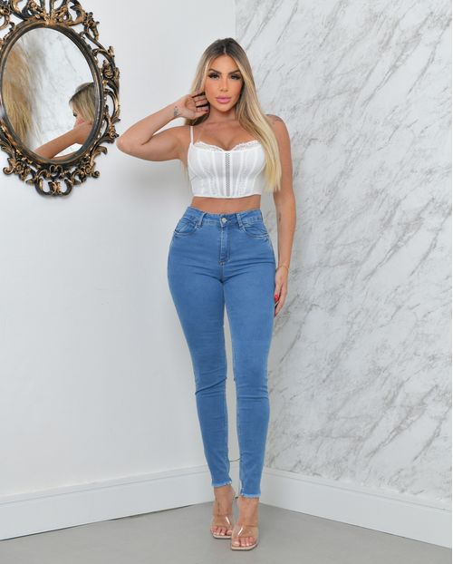 Calça Jeans Skinny Feminina Cintura Média Extreme Power Barra Desfiada Frente 23159 Clara