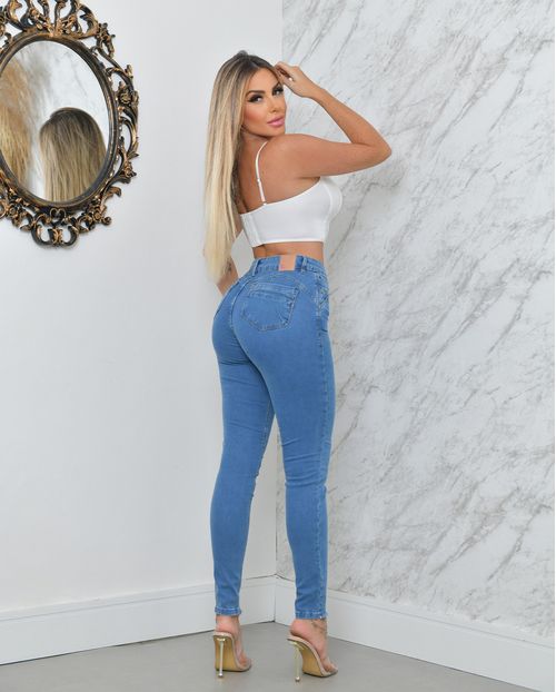 Calça Jeans Skinny Feminina Cintura Média Extreme Power Barra Desfiada Frente 23159 Clara