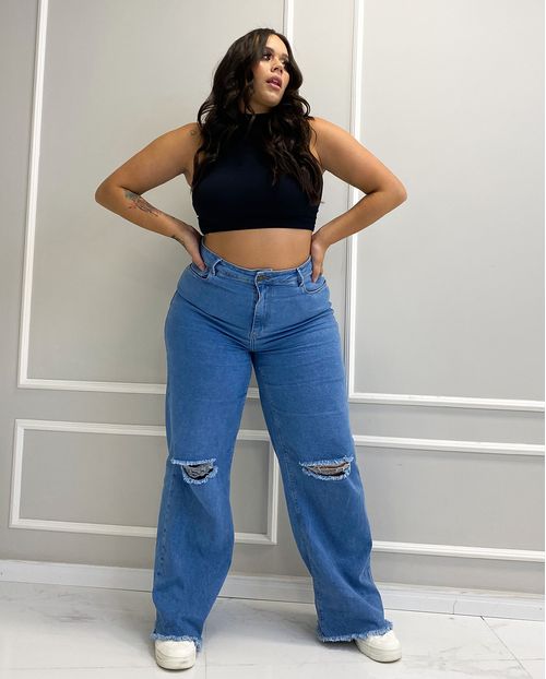 Calça Jeans Feminina Wide Leg Plus Basica 29002 Média