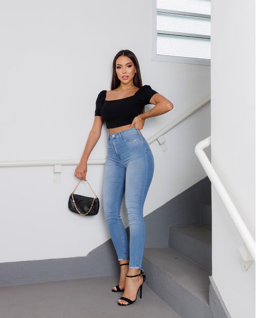 Calça Skinny Hot Pants Jeans Feminina Cintura Alta Barra Mullet 21910 Clara