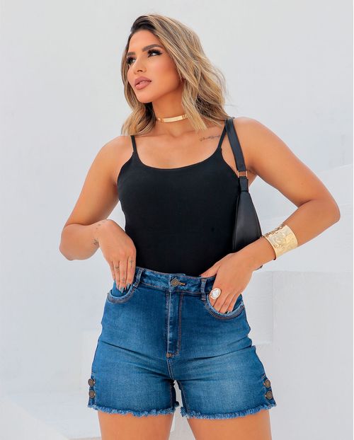 Bermuda Jeans Feminina Cintura Alta Botões Na Lateral 23344 Escura