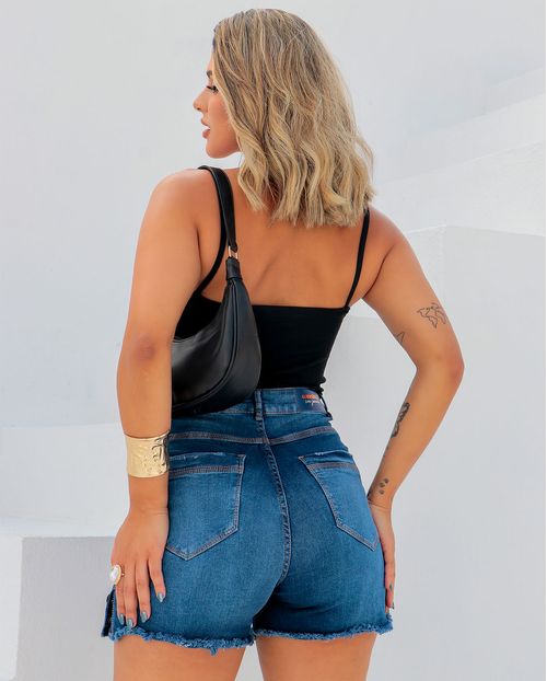 Bermuda Jeans Feminina Cintura Alta Botões Na Lateral 23344 Escura