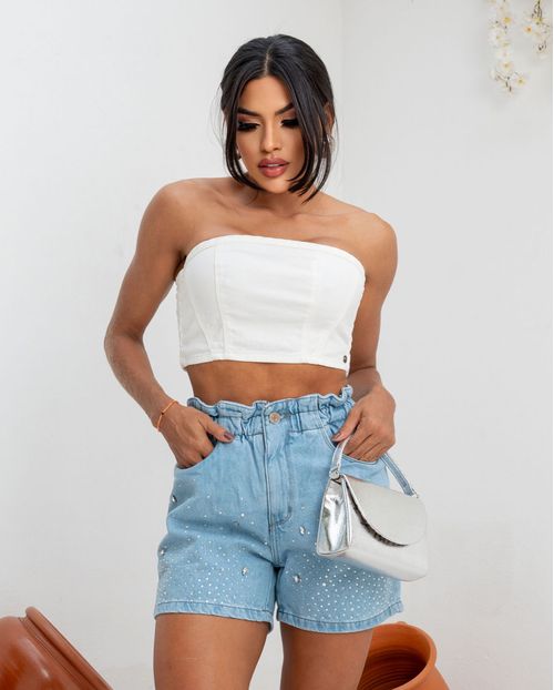 Shorts Jeans Mom Clochard Feminino Cintura Alta Aplicação 23274 Média