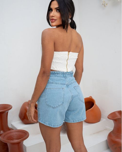 Shorts Jeans Mom Clochard Feminino Cintura Alta Aplicação 23274 Média