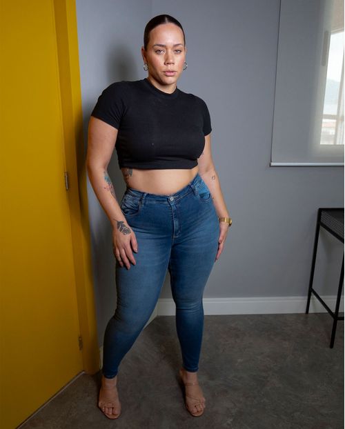 Calça Jeans Skinny Plus Size Feminina Cintura Alta Básica 23284 Escura