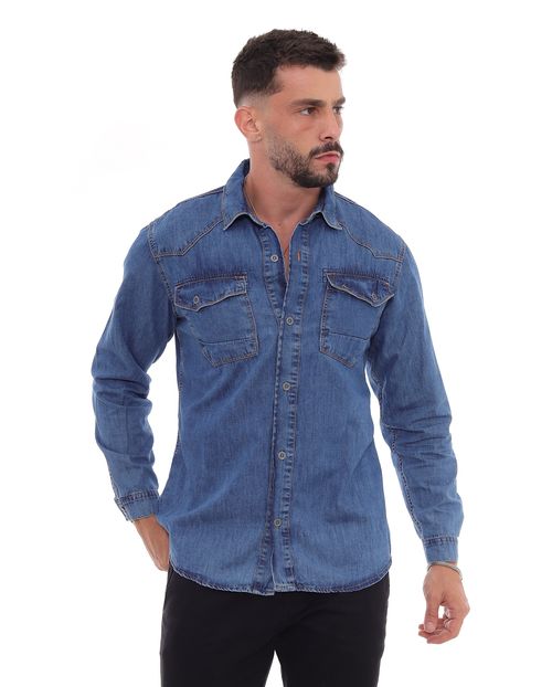 Camisa Jeans Masculina Recorte No Ombro 22607 Média