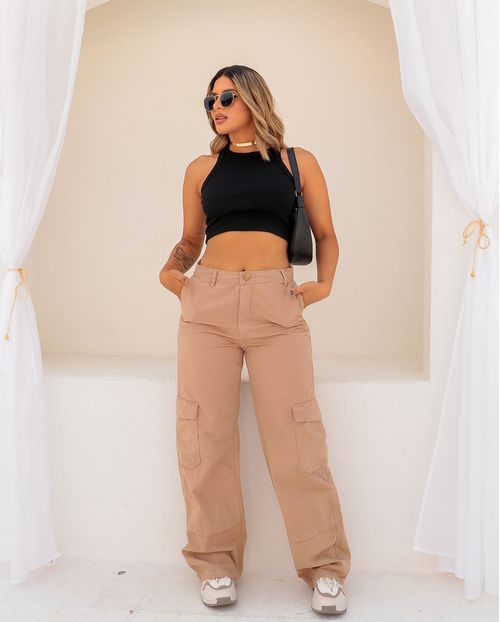Calça Sarja Wide Leg Feminina Cintura Alta Bolso Cargo 22657 Caqui