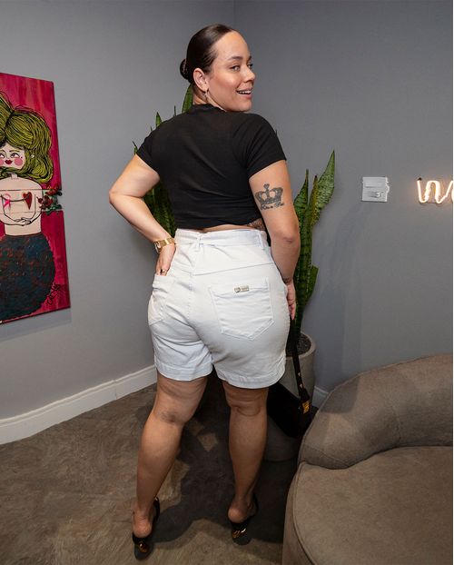 Shorts Sarja Mom Plus Size Feminino Cintura Alta com Cinto 23352 Branco