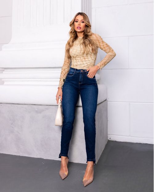 Calça Jeans Skinny Feminina Cintura Alta Bielastico Extreme Power Barra Mullet 22935 Escura