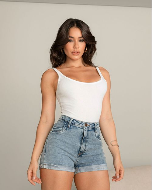 Shorts Jeans Mom Feminino Cintura Alta Barra Dobrada 23519 Média