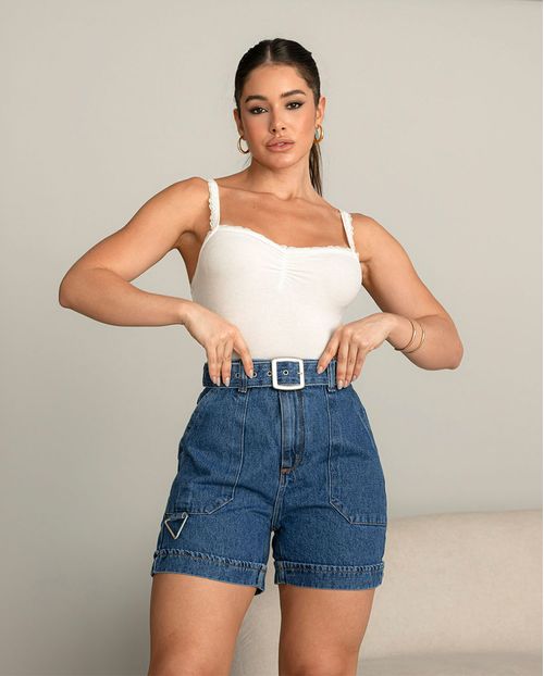 Shorts Jeans Mom Feminino Cintura Alta com Cinto 23517 Escura