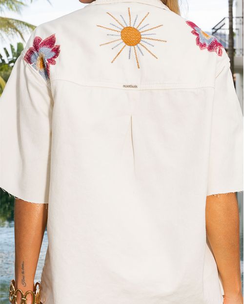 Camisa Sarja Feminina Over Size Bordada 23086 Off White