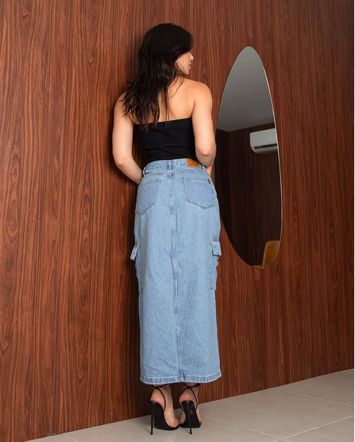 Saia Jeans Midi Cargo Feminina Cintura Alta Abertura Frontal 23371 Média