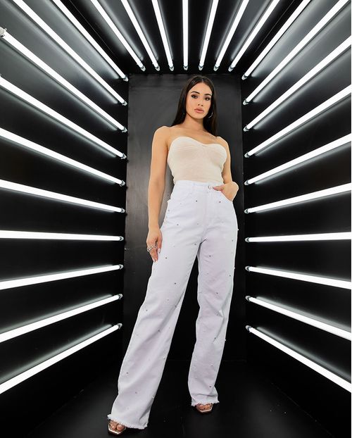 Calça Sarja Wide Leg Feminina Cintura Alta Aplicação Barra Desfiada 23363 Branco