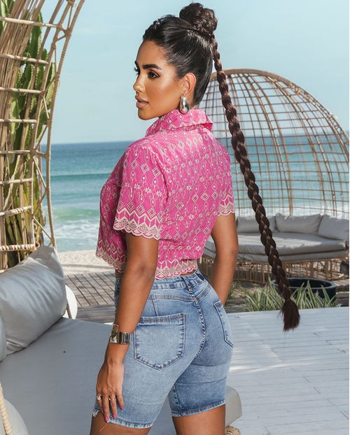 Bermuda Jeans Meia Coxa Feminina Cintura Alta Abertura Barra 23507 Média