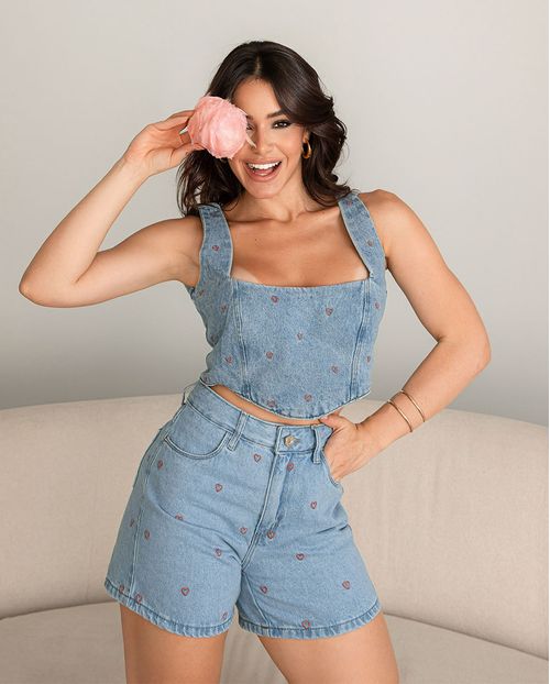 Shorts Jeans Mom Feminino Cintura Alta Bordado Love 23427 Média