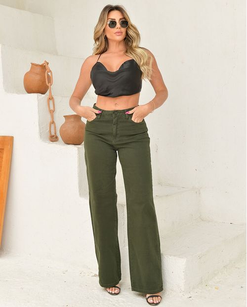 Calça Sarja Wide Leg Feminina Cintura Alta Elastano 28008 Verde Militar