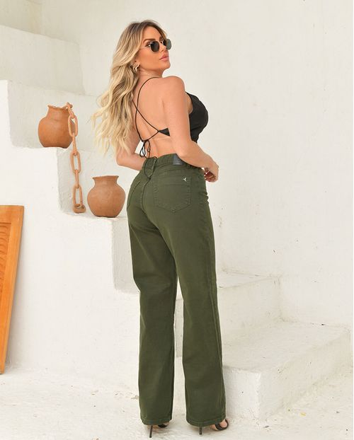 Calça Sarja Wide Leg Feminina Cintura Alta Elastano 28008 Verde Militar