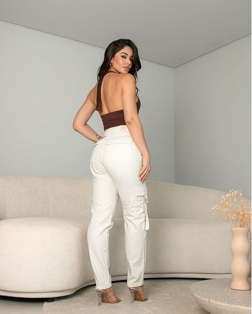Calça Sarja Mom Cargo Carpinteiro Feminina Cintura Alta Básica 23383 Off White