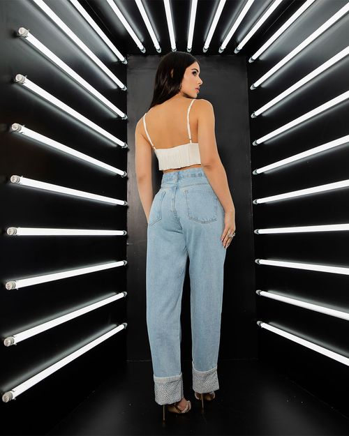 Calça Jeans Reta Feminina Cintura Alta Barra Dobrada com Aplicação 23256 Marmorizado
