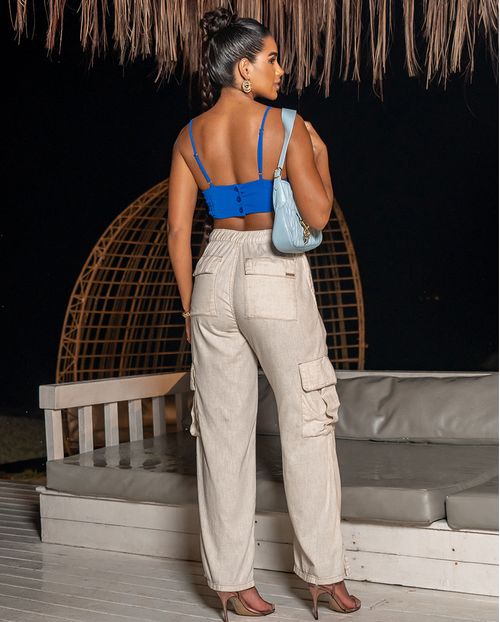 Calça Linho Wide Leg Cargo Feminina Cintura Alta Abertura Lateral Barra 23419 Linho