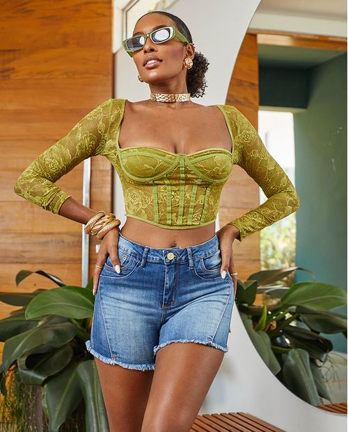 Bermuda Jeans Meia Coxa Feminina Cintura Média Barra Desfiada 23501 Média