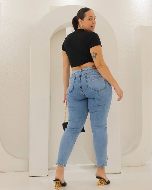 Calça Jeans Skinny Plus Size Feminina Cintura Alta Botões Na Barra 23258 Sky
