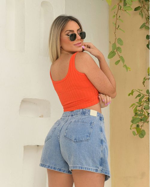 Shorts Saia Jeans Feminino Cintura Alta Envelope 23535 Média