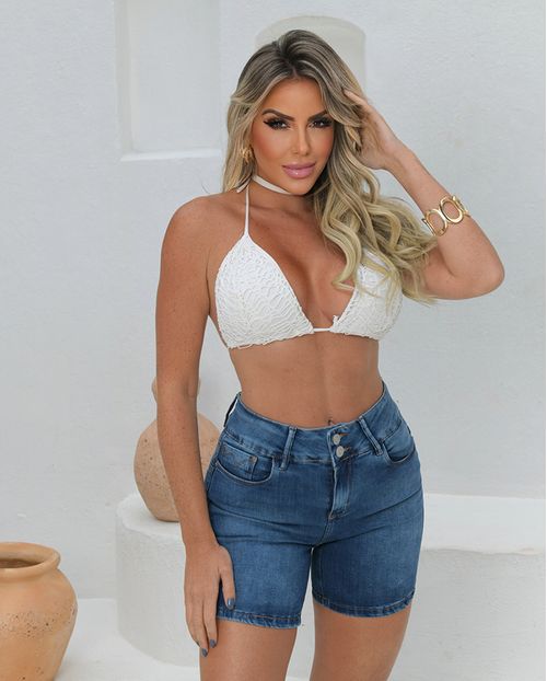Bermuda Jeans Meia Coxa Feminina Cintura Alta Botão Duplo 23540 Escura