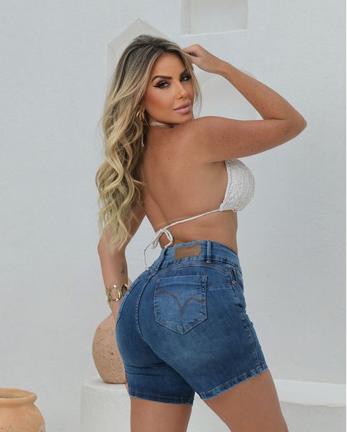 Bermuda Jeans Meia Coxa Feminina Cintura Alta Botão Duplo 23540 Escura