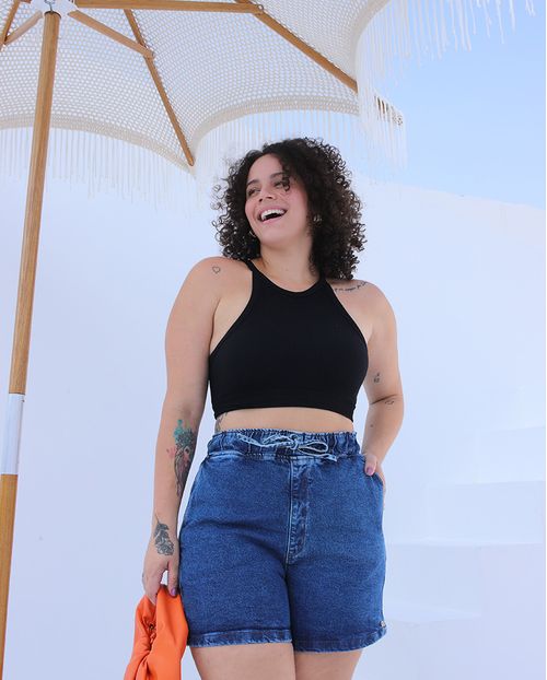 Bermuda Jeans Meia Coxa Plus Size Feminina Cintura Alta Cós de Elástico 23524 Escura