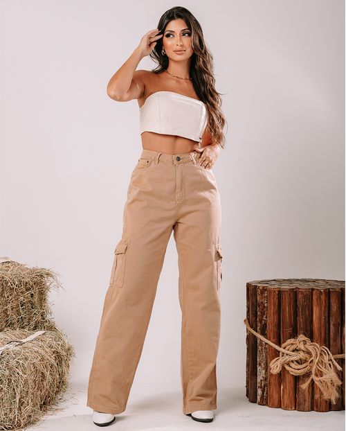 Calça Sarja Wide Leg Feminina Cintura Alta Bolsos Cargo 21389 Caqui