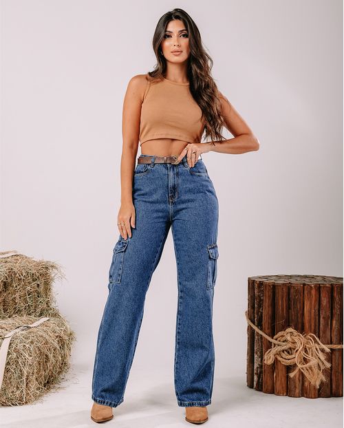 Calça Jeans Wide Leg Feminina Cintura Alta com Bolso Cargo 22186 Escura
