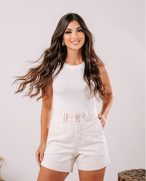 Shorts Jeans Off Alfaiataria Feminino Cintura Alta Botão Duplo 23627 Off White