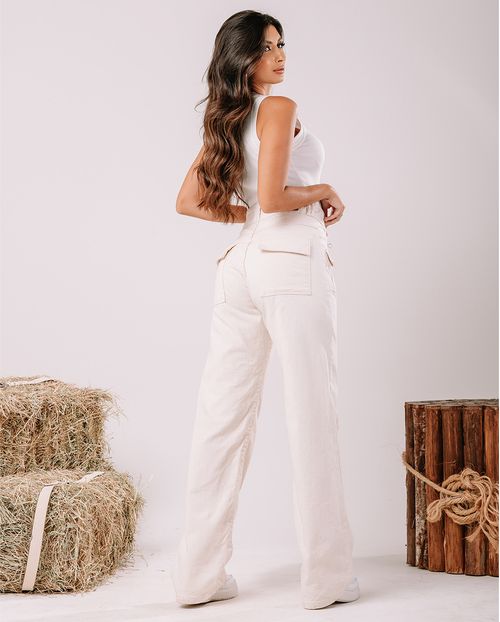 Calça Jeans Off Wide Leg Feminina Cintura Alta Botão Duplo 23632 Off White