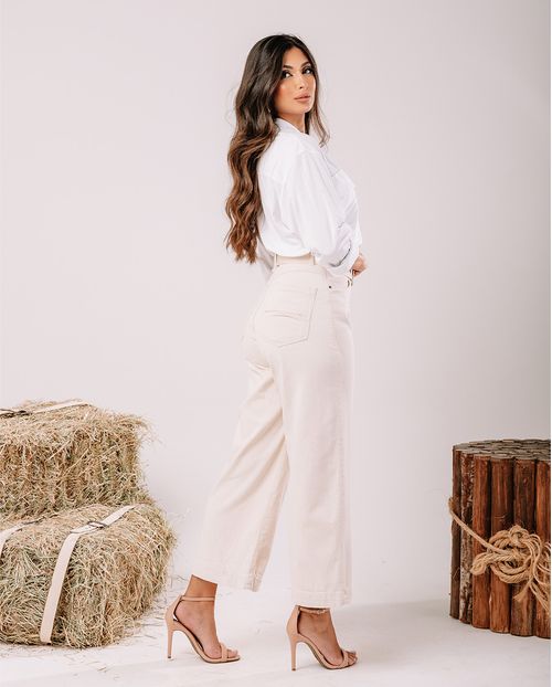 Calça Jeans Off Pantacourt Feminina Cintura Alta com Cinto 23654 Off White