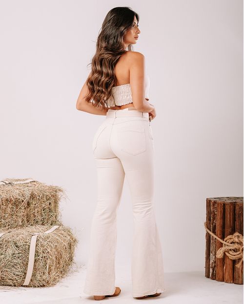 Calça Jeans Wide Leg Feminina Cintura Alta com Cinto 23709 Off White