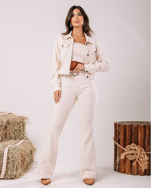 Calça Jeans Off Flare Feminina Cintura Média com Cinto 23604 Off White