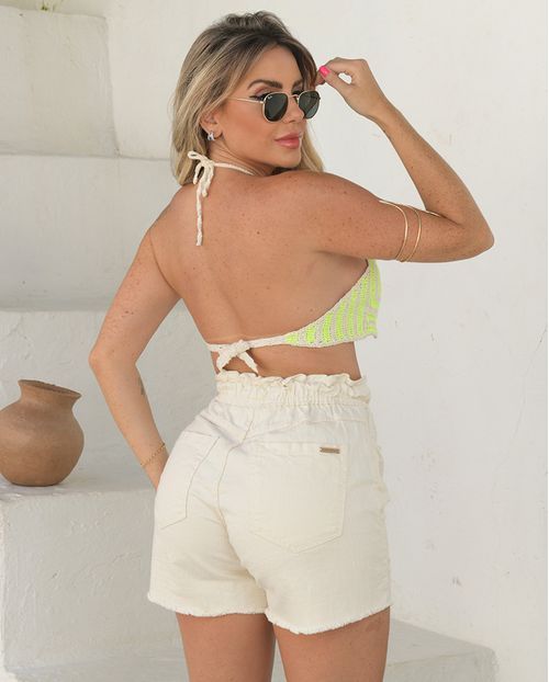 Shorts Sarja Clochard Feminino Cintura Alta Básico 23633 Off White