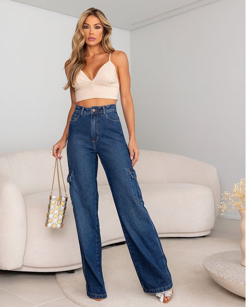 Calça Jeans Wide Leg Feminina Cintura Alta com Bolso Cargo 22186 Sujinha