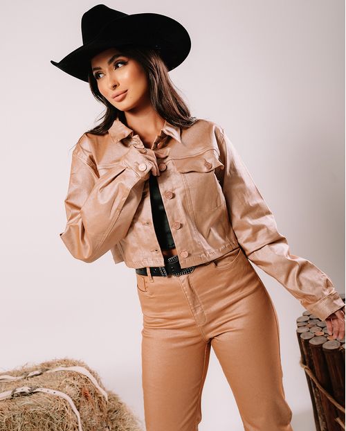 Jaqueta Sarja Resinada Cropped Feminina Color 22751 Cobre